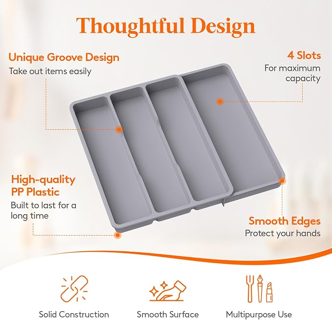 Lifewit Utensil Organizer for Kitchen Drawer, Expandable Cooking Tray | Adjustable Cutlery Flatware Holder, Plastic Silverware Spatula Tools Storage Divider, 11.9-17.3 x 15.8", Gray - Image 6