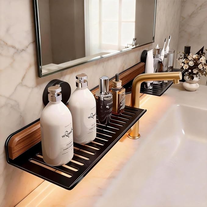 Bathroom Over Sink Shelf, 23.6 Inch No Drill Sink Organizer | Bathroom Counter Storage Rack for Toothbrush, Soap, Skincare and Accessories, Black - Image 2