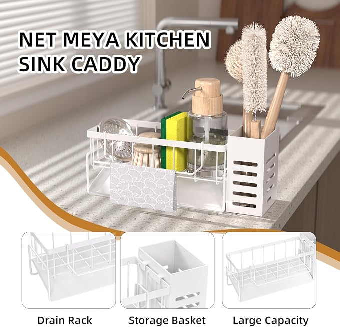 304 Stainless Steel Over Sink Caddy Sponge Soap Organizer White | Auto sloped drainage with removable tray, 3 divided spaces for sponge & soap, rustproof steel, no installation needed - Image 5
