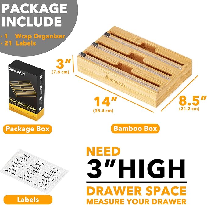 SpaceAid WrapNeat 3 in 1 Wrap Organizer with Cutter and Labels, Plastic Wrap, Aluminum Foil and Wax Bamboo Dispenser for Kitchen Storage Organization Holder for 12" Roll (Natural) (Pack of 2) - Image 6