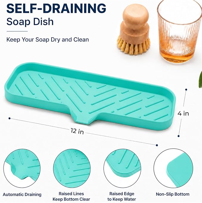 MicoYang Silicone Soap Dish with Drain Spout — Self-Draining Double Sink Organizer Tray for Kitchen & Bathroom, Dispensers, Sponges & Soap Holder, Non-Slip & Dishwasher Safe, Mint (Large, 12"×4") - Image 2