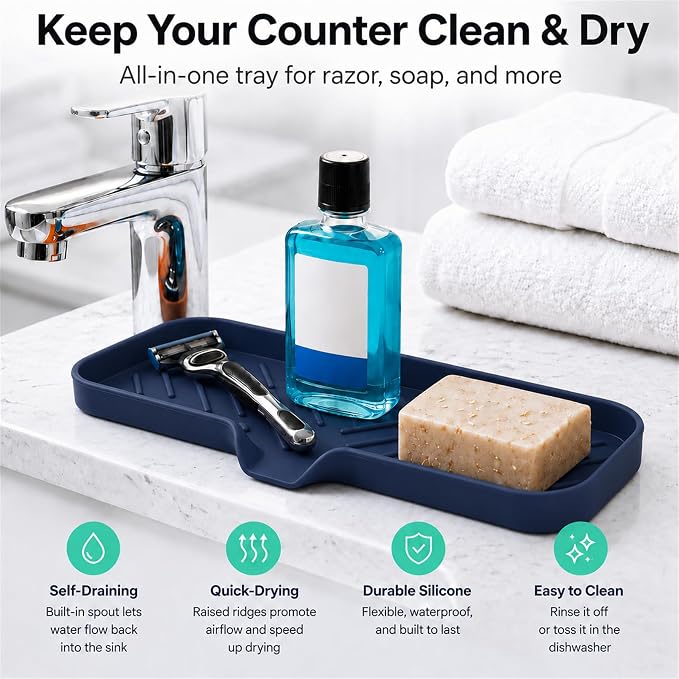 MicoYang Silicone Soap Dish with Drain Spout — Self-Draining Double Sink Organizer Tray for Kitchen & Bathroom, Dispensers, Sponges & Soap Holder, Non-Slip & Dishwasher Safe, Navy Blue (Large, 12"×4") - Image 6
