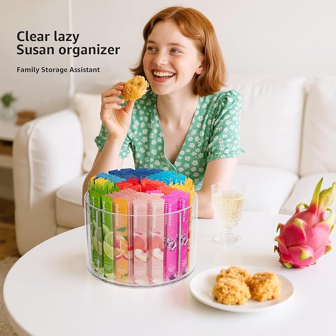 Divided Drink Packet Organizer, Rotating Turntable Organizer, Lazy Susan | Clear Lazy Susan, Water Drink Packet Holder, Rotating Storage Organizer for Powdered Drink Mix, Water Drink Packet Holder - Image 4