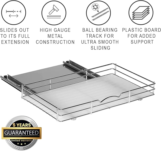 Pull-Out Cabinet Spice Rack Organizer, 18 ⅜"W x 10 ½"D x 2 ¾"H | Slim Slide-Out Storage for Spices, Bottles & Jars, Premium Heavy-Duty Steel, Easy Install for Narrow Kitchen Cabinets, Chrome - Image 2