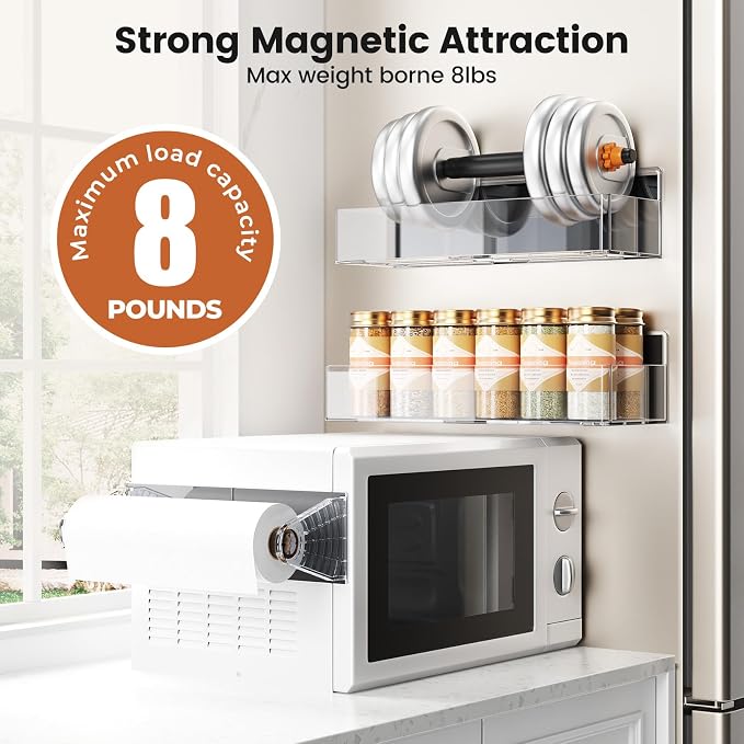 Mystozer Magnetic Spice Rack for Refrigerator,4 Pack Magnetic Shelf,Fridge Magnet Organizer with Paper Towel Holder and Utensils Racks,Fridge Organizers and Storage Clear(4 Pack) - Image 2