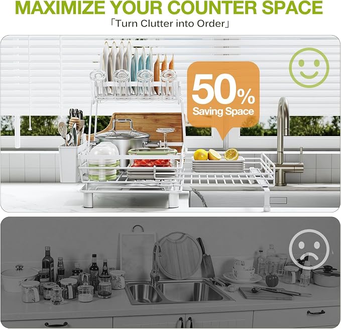 2-Tier Expandable Dish Drying Rack for Kitchen Counter, White | Large Capacity Dish Rack Organization, Heavy-Duty Carbon Steel, 17 lbs Capacity, Swivel Drain Spout & Cup Hooks - Image 5