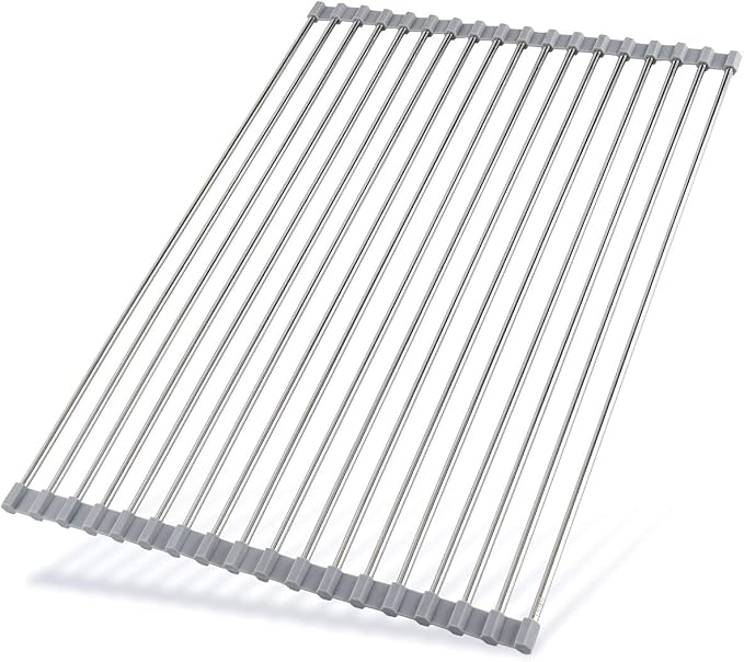 Hhyn Roll Up Dish Drying Rack 20.5"(L) x 13.8"(W), Gray | Stainless Steel and Silicone Dish Drying Mat Over The Sink Foldable Drain Rack Multipurpose Dish Drainer Extra Large by Hhyn