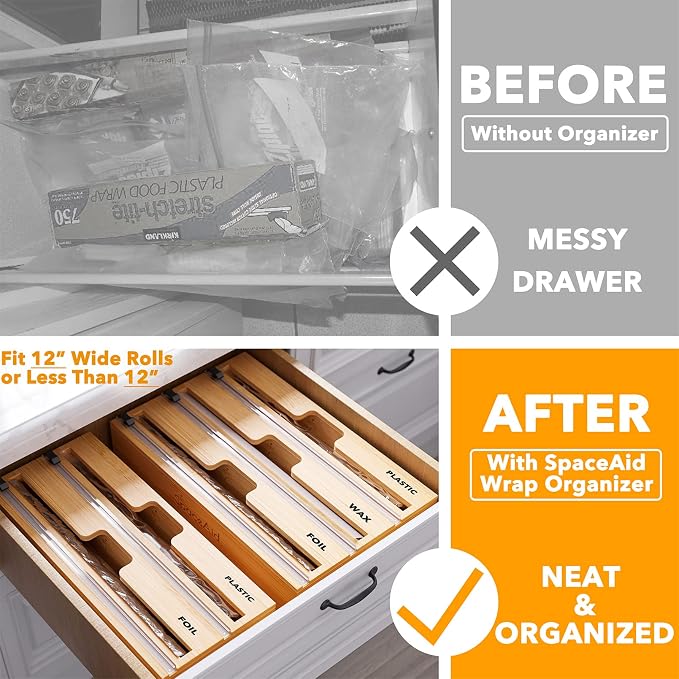 SpaceAid WrapNeat 3 in 1 Wrap Organizer with Cutter and Labels, Plastic Wrap, Aluminum Foil and Wax Bamboo Dispenser for Kitchen Storage Organization Holder for 12" Roll (Natural) (Pack of 2) - Image 2