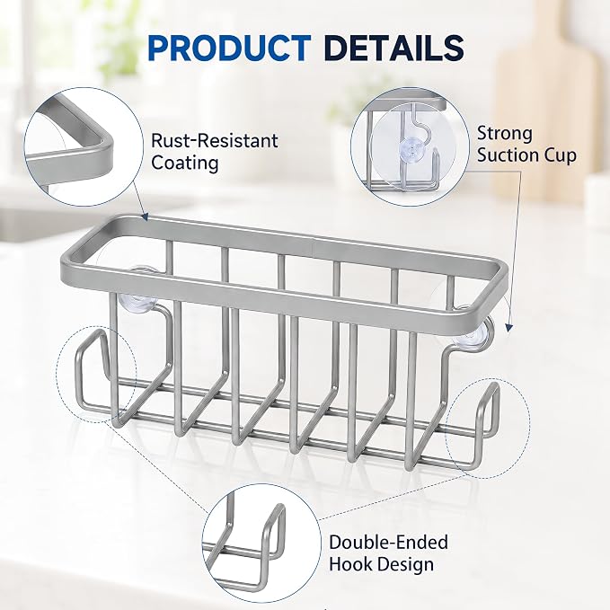 Sponge Holder for Kitchen Sink - Rustproof Coated Sink Caddy with 2 Side Hooks | Heavy Duty Suction Cup In-Sink Organizer for sponge, Scrubber & Stopper, Silver - Image 3