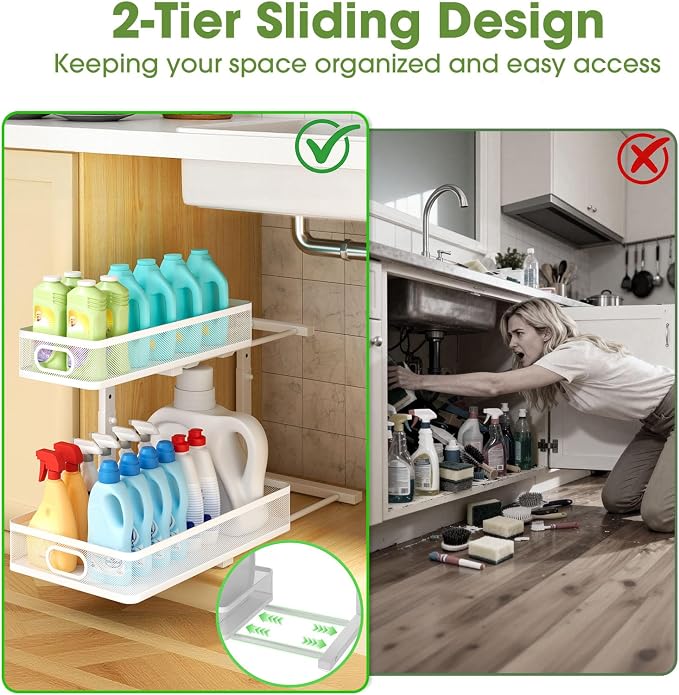 Under Sink Organizer 4-Pack, Metal 2-Tier Pull-Out Cabinet Shelf with Slide-Out Mesh Drawers, Height Adjustable, Space-Saving Storage Racks for Kitchen, Bathroom, Laundry Room, White - Image 4