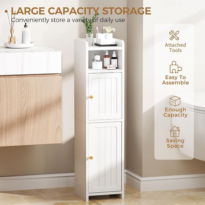BEWISHOME Small Bathroom Storage Cabinet, 2 Doors Narrow Bathroom Cabinet | Storage Cabinet with Adjustable Shelves, Narrow Toilet Paper Cabinet 7.9"D x 7.9"W x 31.5"H, for Small Spaces, White YYG03W - Image 7