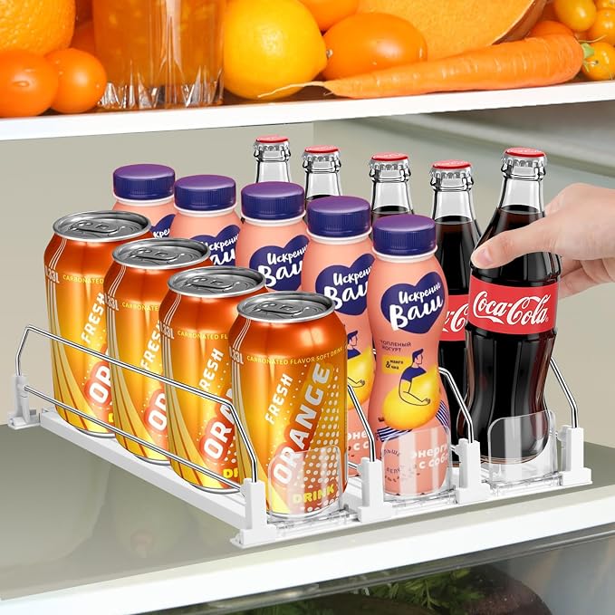 hanmir Drink Organizer for Fridge, Adjustable Width Soda Can Dispenser for Refrigerator Organizers and Storage, 3 Rows Beer Bottle Beverage Holder with Pusher Glide (14.96" D, White) by Hanmir