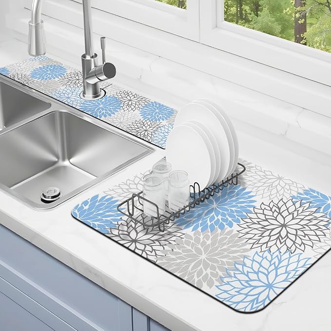 Dish Drying Mat for Kitchen Counter Matt, 2PCS 23"x15" Dish Drainer Mat & 24"x5.5" Sink Splash Guard, Super Absorbent Non-slip Rubber Backed by Kuyig+Home