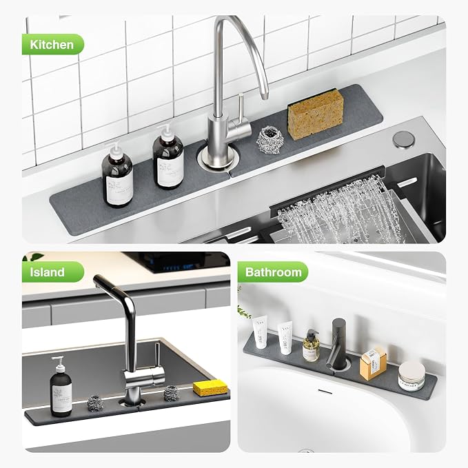Premium Stone Faucet Mat for Kitchen Sink, 23.6" x 4" Dark Gray | Quick Drying & Water Absorbent, Sink Splash Guard Tray for Prevents Moisture Buildup - Image 8