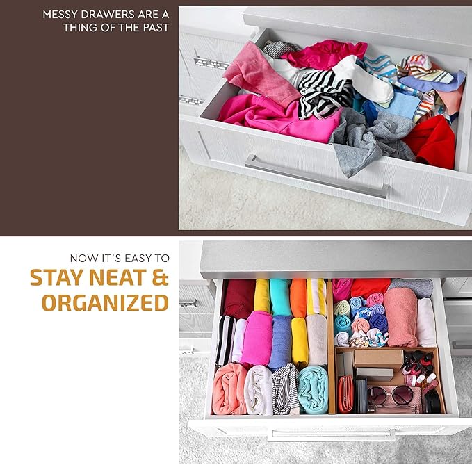 6-Pack Drawer Dividers 2.6-Inch High Dresser Drawer Organizer 16 to 22 Inch | Bamboo, Spring Loaded, No Tools Needed, Fits Wide Drawers for Socks, Clothes, Utensils, Bedroom, Bathroom, Kitchen, Office - Image 5