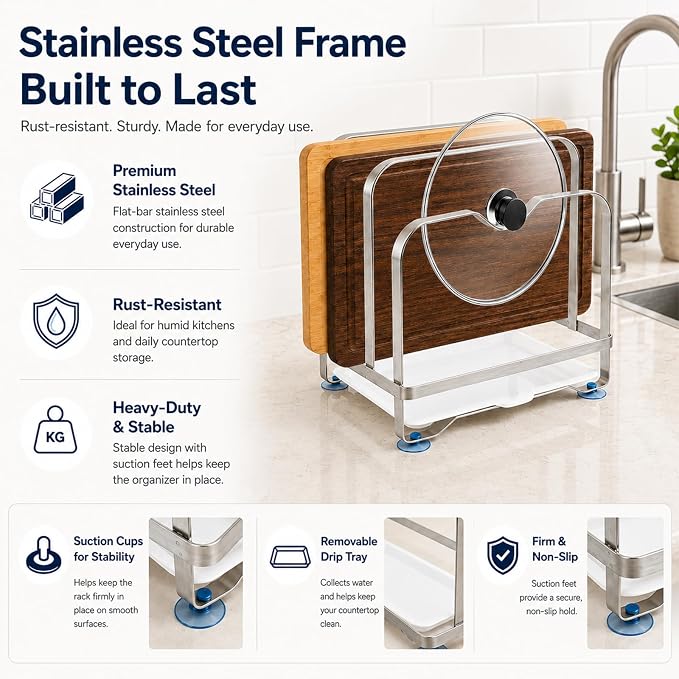 Cutting Board Organizer Rack with Draining Tray, 3 Slot | Stainless Steel Boards Holder for Kitchen Countertop, Heavy Duty Anti-Slip Stand for Thick & Thin Boards Pot Lid, Rustproof - Image 2
