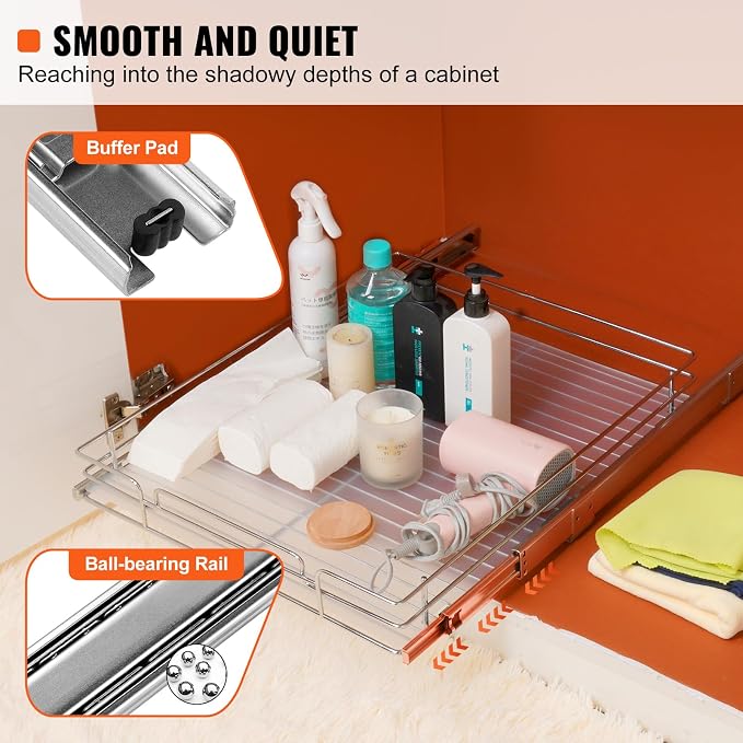 VEVOR 18.5"Wx21"Dx3.5"H Pull Out Cabinet Organizer, Heavy Duty Slide Out Pantry Shelves, Chrome-Plated Steel Roll Out Drawer, Drawer Storage for Home Under Sink, 20"Wx22"Dx7"H Install Size for Cabinet - Image 3