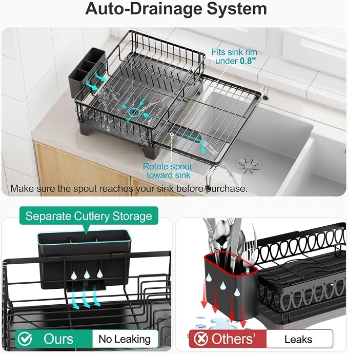 GSlife Expandable Dish Drying Rack - Over Sink & Countertop Use, Black | 12.6"-22.4" Adjustable Length, Extra Drying Space, Auto-Drain Spout, Large-Capacity, Removable Utensil Holder, Rust-Resistant - Image 7