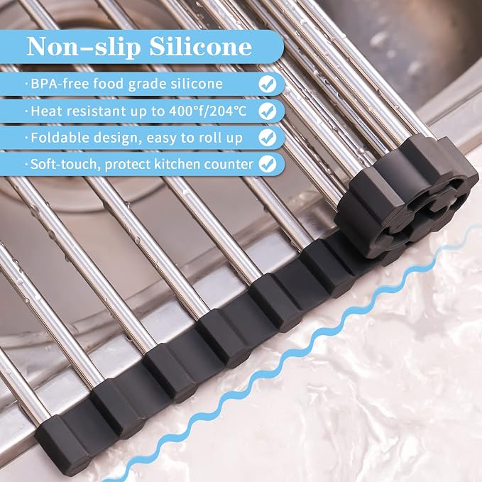 Seropy Roll Up Dish Drying Rack Over the Sink Drying Rack for Kitchen Counter, Rolling Dish Rack Over Sink Mat, Foldable Dish Drainer Stainless Steel Rack Kitchen Organization Gadgets 17.5"x11.8" - Image 5