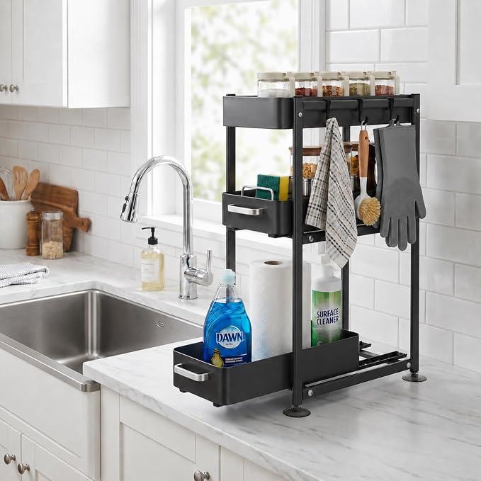 3-Tier Countertop Organizer, Pull Out Spice Rack, Transforming a Cramped, Unusable Space Into a Storage Area, With Suction Cup Feet and 4 Hooks, For Tall Bottles, Condiments and Spices - Image 6
