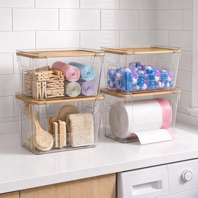 CANTAMI Plastic Trash Bag Dispenser with Lids, Stackable, 4Pack, 4XL | Clear Trash Bag Organizer for Kitchen, Laundry Room, Under Sink Organization and Storage - Image 8