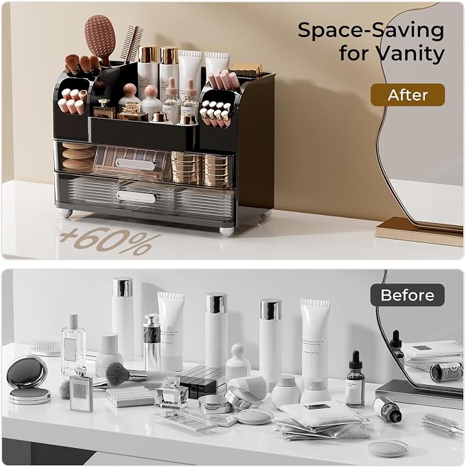 UFORU Makeup Organizer Countertop with 2 Large Drawers for Vanity Bathroom | Brush Holder, Large Capacity, Thickened Plastic, Compact Footprint, Space-Saving Design, Easy Clean, Ideal for Dorm Rooms - Image 6