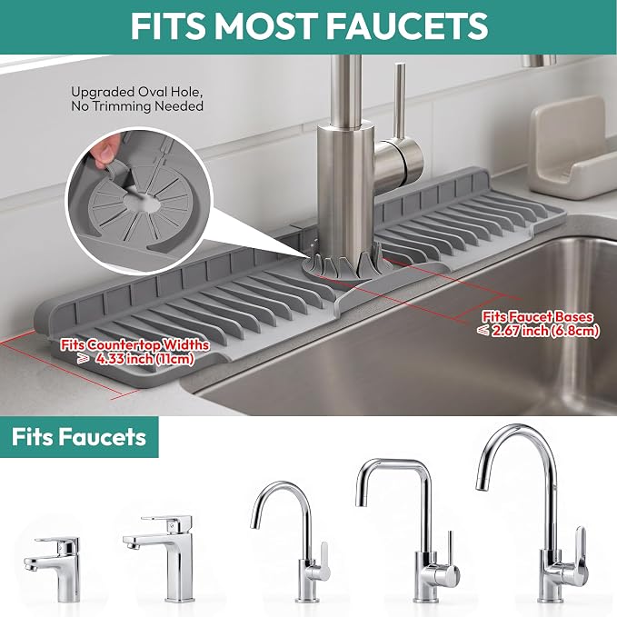 24" Longer Silicone Faucet Mat for Kitchen Sink Splash Guard | 8° Slope Fast Self-Draining, No-Cut Universal Fit Single Faucet Draining Mat, Countertop Protector Kitchen & Bathroom, Grey - Image 2