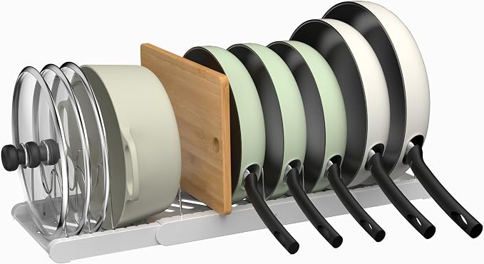 Expandable Pots and Pans Organizer Under Cabinet, Pan Organizer Rack with 9 Adjustable Slots, Pot Lid Holder for Cabinet, Countertop, Plates, Cutting Boards, Baking Sheets-White - Image 10