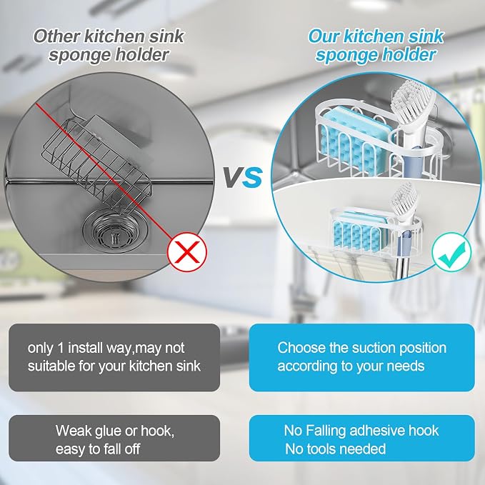 2-in-1 Sponge Holder for Kitchen Sink, Sink Caddy Kitchen Sink Organizer with 3 Suction Cups, No Drill Rustproof Sink Sponge Holder for Dish Brush, Soap & Sponge (White) - Image 3