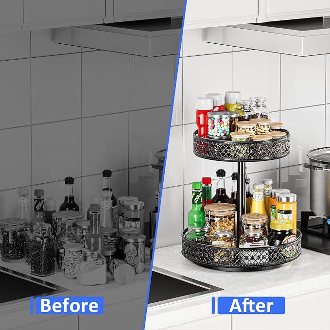 2 Tier Lazy Susan Organizer - Adjustable Rotating Spice Rack 12 inch | Floral Turntable Lazy Susan for Cabinet Pantry Kitchen Countertop Table Top Cupboard Bathroom Vanity Storage Metal Black - Image 5