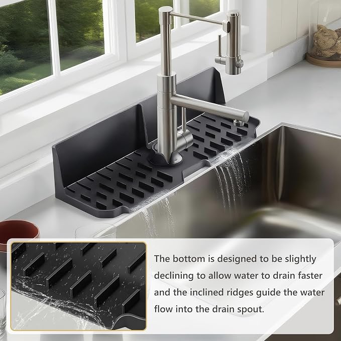 Sink Splash Guard Behind Faucet, Silicone Sink Faucet Drying Mat & Dish Soap Sponge Holder, 17" x 5.5" Silicone Kitchen Sink Auto Drain Organizer (Black) - Image 5