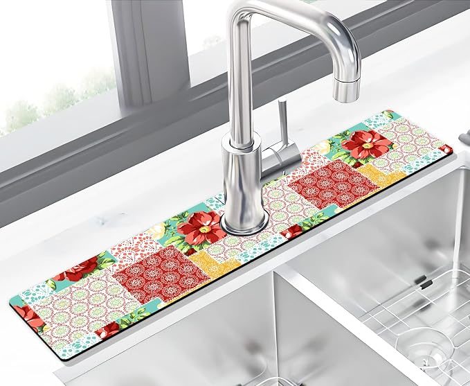 Kitchen Sink Splash Guard Faucet Mat Super Absorbent Fast Drying Mat Sink Gadgets Splash Guard Behind Faucet Drip Catcher for Kitchen (Boho Trellis, 23.5x5.5in) by THIDEAPE