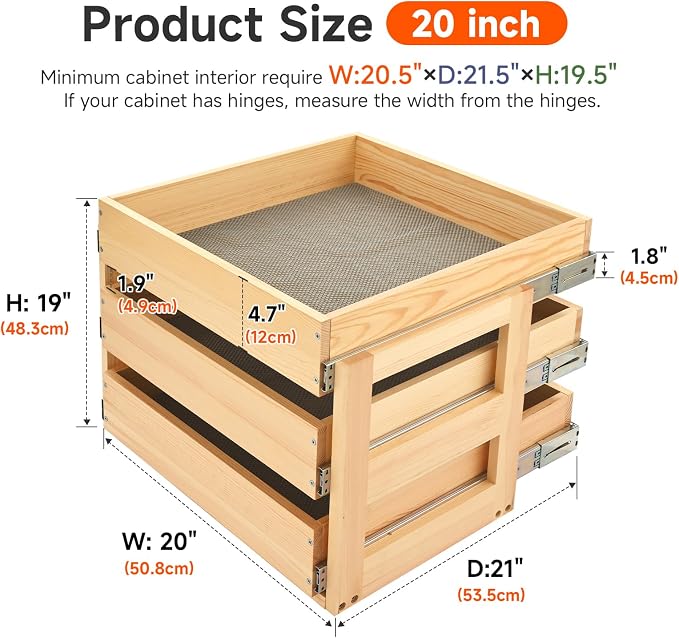 Pull Out Kitchen Drawer Cabinet organizer, 3 Tier 20"W*21"D*19"H,Soft Close Slide Out Wood Shelves Storage for Kitchen Heavy-Duty, Bottom Assembly (Cabniet Opening W>20.5'',D>21.5'',H>19.5'') - Image 2