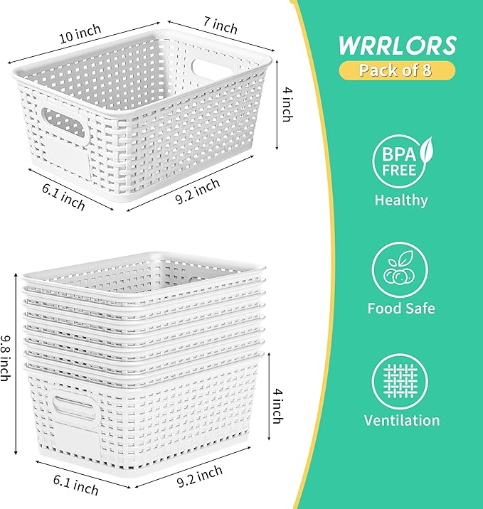 8 Pack Plastic Storage Baskets,White Stackable Bins with Lid | 5.3qt Storage Containers with Labels for Organizing Shelves Drawers Desktop Closet Playroom Classroom Office - Image 3