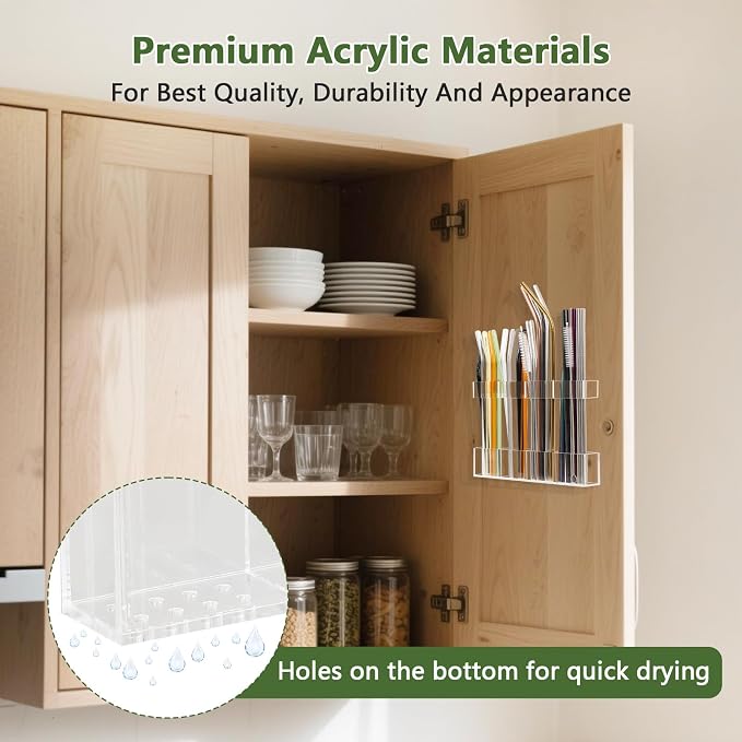 7.5" Small Acrylic Straw Holder for Cabinet Door - Reusable Tumbler Straw Organizer Storage, Small Kitchen Accessories Container, Ultra Sticky Cupboard Door Mounted (Transparent) - Image 2