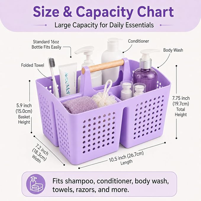 Portable Shower Caddy Basket with 3 Compartments and Handle, Purple | Plastic Divided Beauty Caddy Organizer for Hair Care, Cosmetics, Toiletries, Craft Supplies, Dorms and Vanities - Image 2