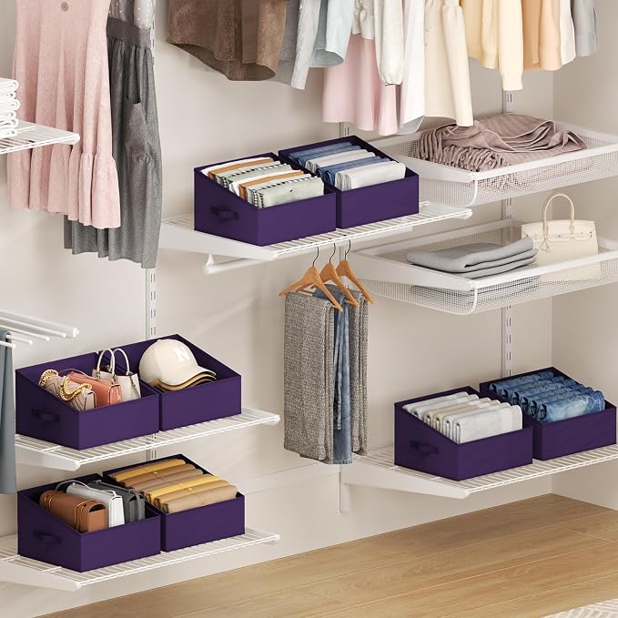 DIMJ Closet Storage Bins 6 Pack - Fabric Storage Baskets for Shelves, Collapsible Clothes Organizer, Trapezoid Shelf Organization Storage Cubes for Purse, Toys, Books, Towel, Clothes, Purple - Image 5