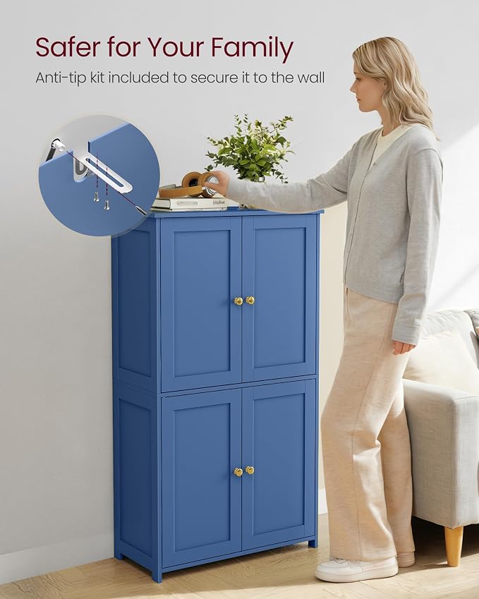 VASAGLE Floor Storage Cabinet, 2 Adjustable Shelves, 4 Doors,42.7" H | Freestanding Organizer Unit, Kitchen, Bathroom, Living Room, Bijou Blue, SIREN Collection UBBC553QE01S - Image 7