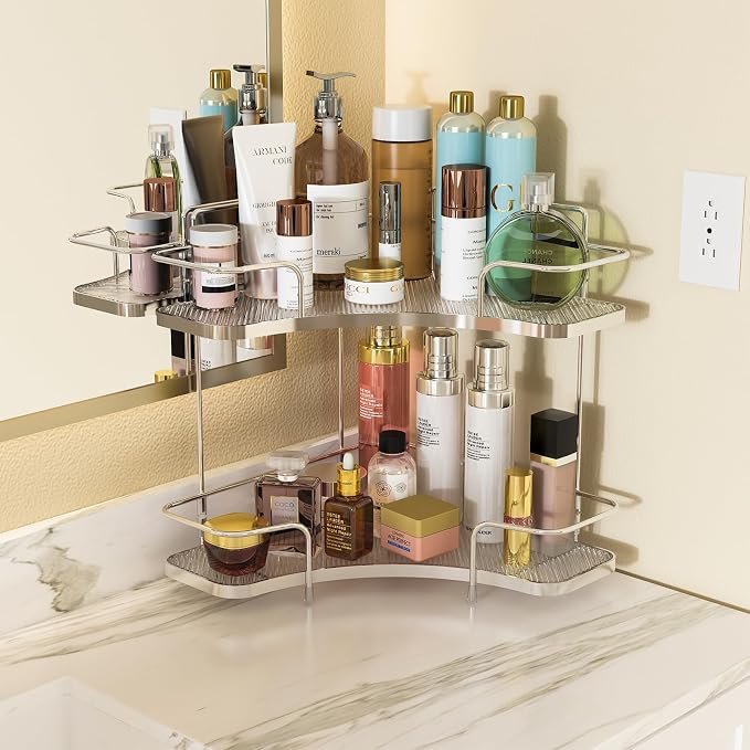 2 Tier Bathroom Organizer Countertop Corner, Makeup Organizer | Vanity Organizer Corner Shelf for Skincare, Cosmetics, Perfume, Tool-Free Assembly, Space-Saving, Silver - Image 2