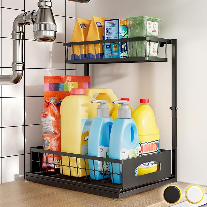 Under Sink Organizer, 1-Pack L-Shaped Metal Pull-Out Drawers for Kitchen | Cabinet Organizer Height Adjustable Heavy Duty Metal 2-Tier Storage Fits Beside Common Pipes for Bathroom Pantry by Fabutier