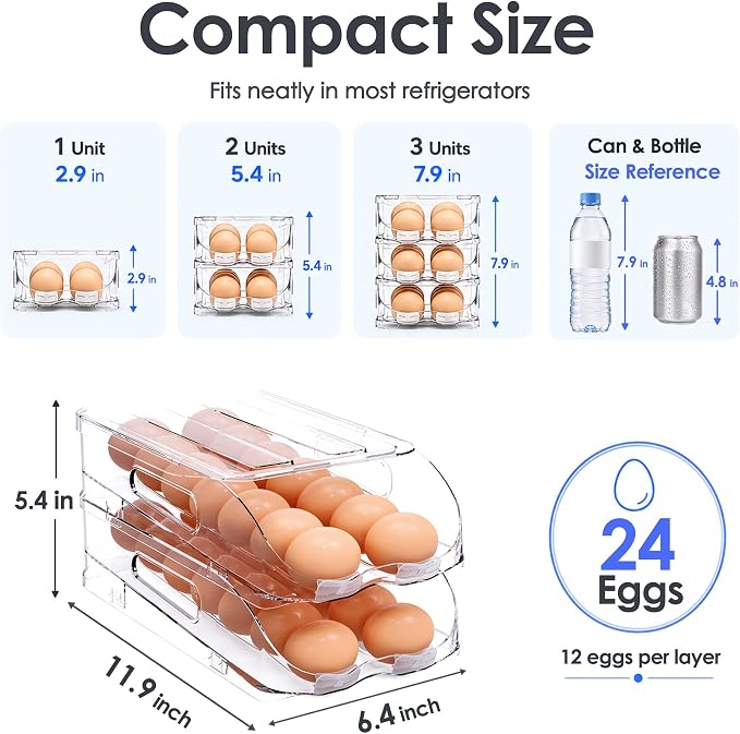 SMRCAD 24-Egg Dispenser with Silicone Bumpers, Auto-Rolling, Stackable | BPA-free food-grade PET | Stackable with lid | Built-in handle | Fits Large to Jumbo Eggs | Hand wash only - Image 6