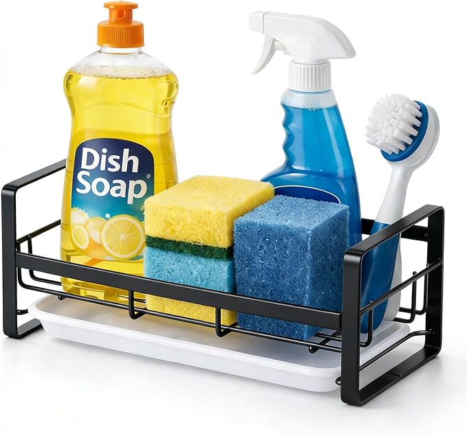 HULISEN Large Kitchen Sponge Holder, 304 Stainless Steel Sink Caddy, Black | Removable Drain Tray, Holds Sponges Soap Bottles Brushes, Countertop Storage, No Dispenser or Brush by HULISEN