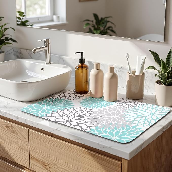 Findosom 2PCS 12" x 20" Dish Drying Mat & 24" x 5.5" Sink Splash Guard, Super Absorbent & Cuttable Dish Mat Drying Kitchen Mat with Teal Floral, Hide Stain Drying Mat for Kitchen Counter - Image 8