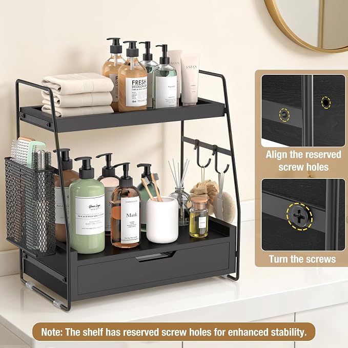 2-Tier Bathroom Counter Organizer with Drawer, Wood Counter Storage Shelf | Bathroom Vanity Organizer Countertop for Makeup, Skincare, Perfume, with Removable Basket, 13.4" x 7.9" x 14.5", Black - Image 6