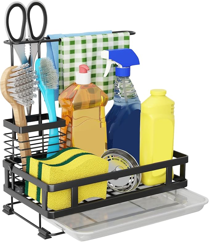 Kitchen Sink Organizer with Brush Rack - Sink Caddy with Drain-Pan | Stainless Steel Sponge Holder for Kitchen Sink with Towel Rack, Organizer for Dish Soap Dispenser, 10.5"L × 5.9"W × 10.5"H - Image 8