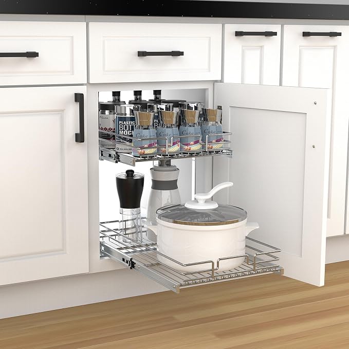 2 Tier Pull Out Cabinet Organizer, 26" W x 21" D Heavy-Duty Metal Sliding Drawer Shelf for Kitchen Cabinets, Chrome, Doesn't Include Door Fittings - Image 8