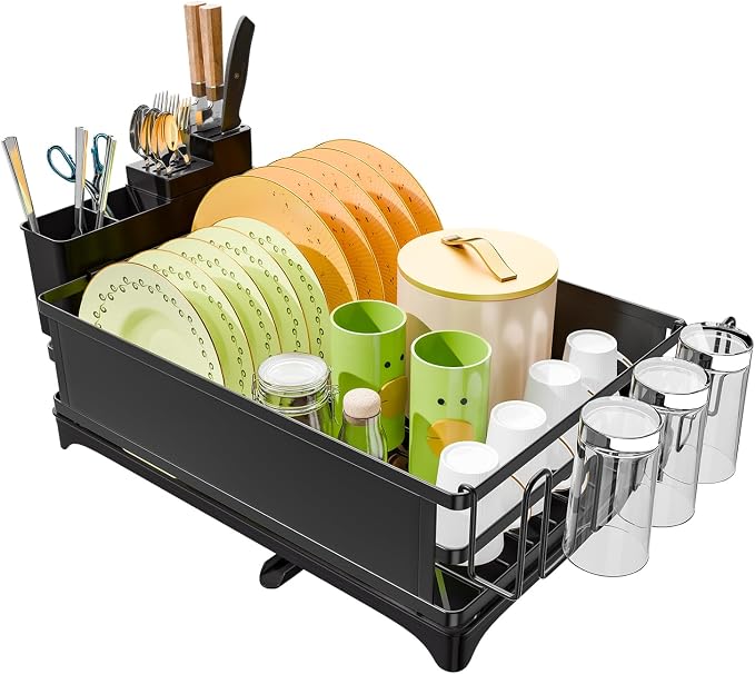 Simple Trending Dish Drying Rack for Kitchen Counter, 11.7" x 16.5", Black | Stainless Steel Dish Rack for Kitchen Counter, Dish Drainer with Cutlery & Cup Holders, Anti-Rust, Counter Space Saving - Image 7
