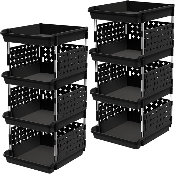 Lifewit 4 Tier Plastic Stackable Storage Baskets for Clothes 2 Pack, Black | Stacking Bins for Food, Multifunctional Organizer for RV, Kitchen, Playroom, Pantry and Bathroom by Lifewit
