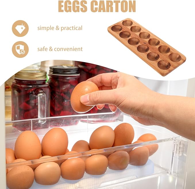 Homoyoyo Wooden Egg Tray 12 Egg Holder for Fridge Kitchen Storage Acacia Wood Fresh Organizer 11.85X4.4X0.78 Inches - Image 2