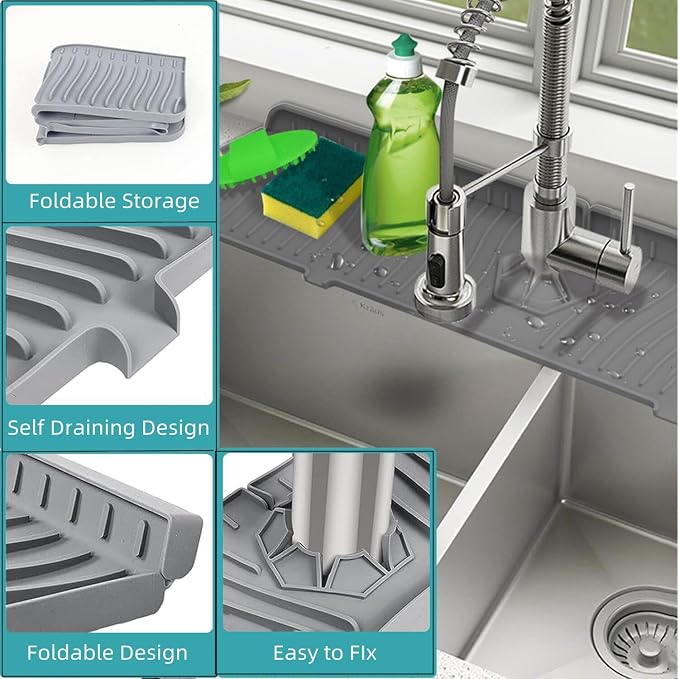 Large Size Kitchen Sink Splash Guard, 24"Silicone Faucet Handle Drip Catcher Tray Mat for for Kitchen Countertop, Bathroom, Farmhouse (Grey, 24" x 5.8") - Image 2